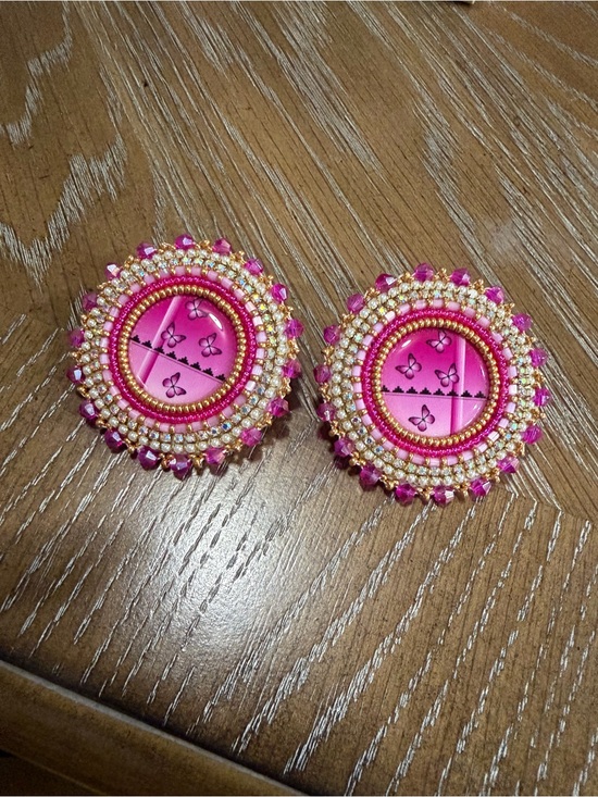 Native American Jewelry - Pink Beaded Round Statement Earrings with Gold Accents